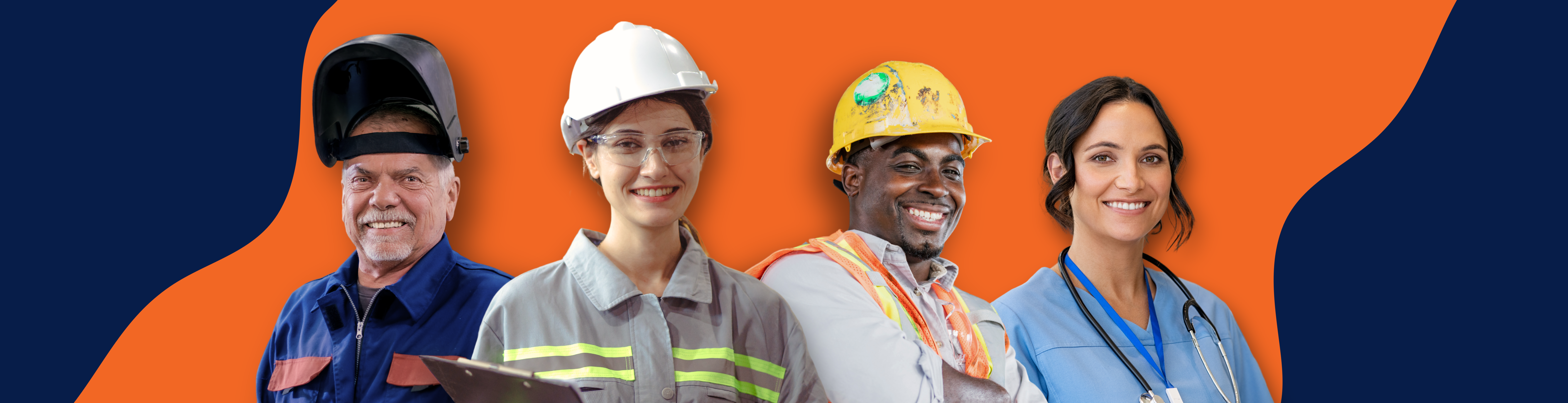 Image shows one man in welding gear, a woman and man wearing construction helmets, and a woman in scrubs,